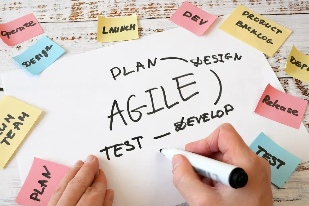hands drawing software scrum agile board with paper task